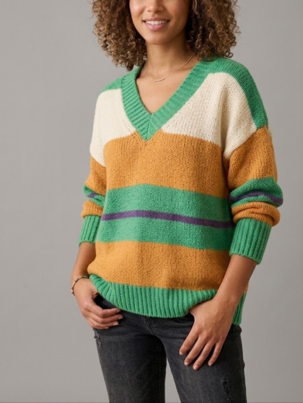 POL Green Chunky Knit Striped V-Neck Sweater Size M Retro Boho Oversized